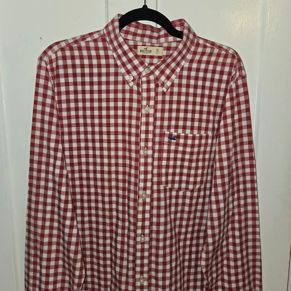 Hollister Mens XL Red White Gingham Button Down Long Sleeve Shirt Seagull Logo - Picture 3 of 7